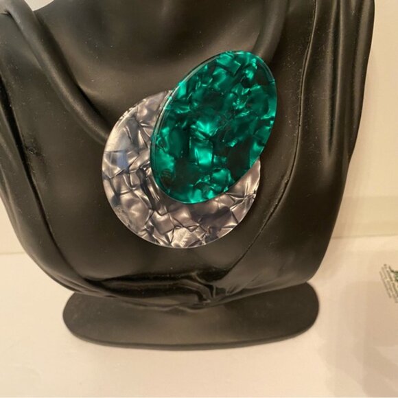 NECKLACE MODERNIST LUCITE DISCS DARK GRAY GREEN BLACK RUBBER MAGNETIC 24” - Picture 6 of 14